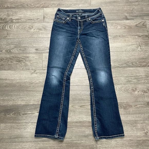 5/$20 Silver Suki Flap Bootcut Flare Jeans Womens 30x32 Mid Rise Rhinestones - Picture 1 of 13